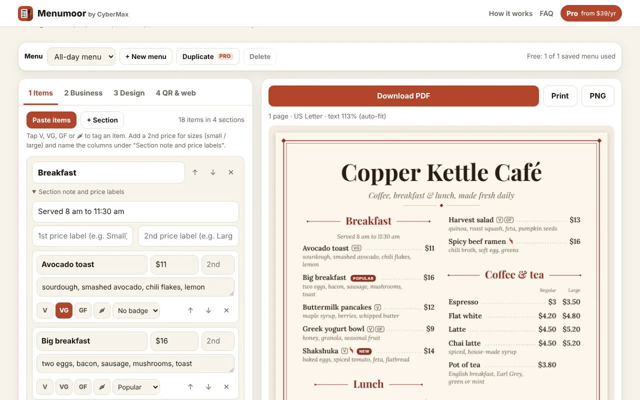 Menumoor, as it opens in a browser tab